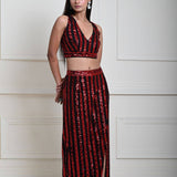 Red and Black Striped Sequin Crop Top Set with Matching Side-Slit Skirt