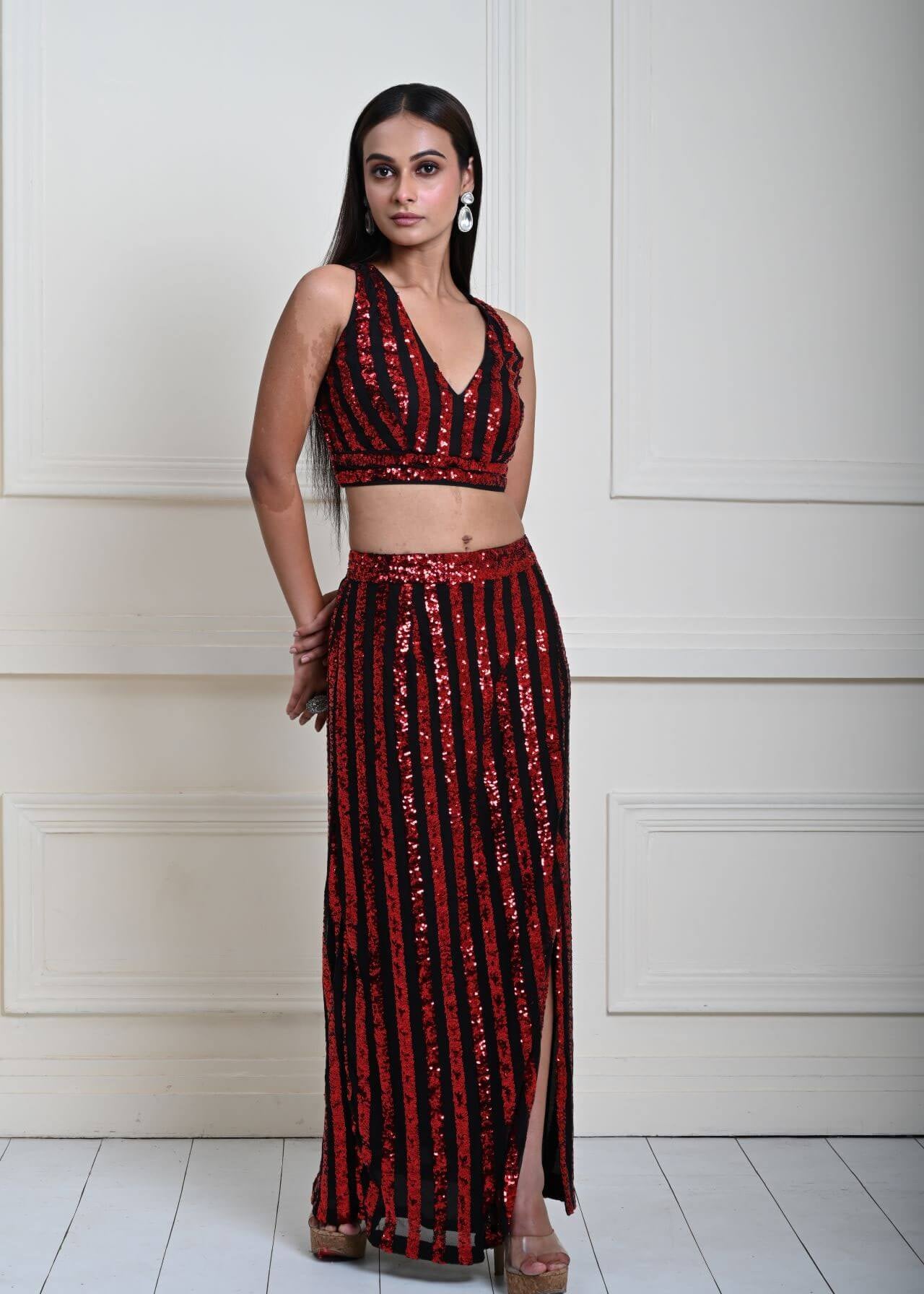 Red and Black Striped Sequin Crop Top Set with Matching Side-Slit Skirt