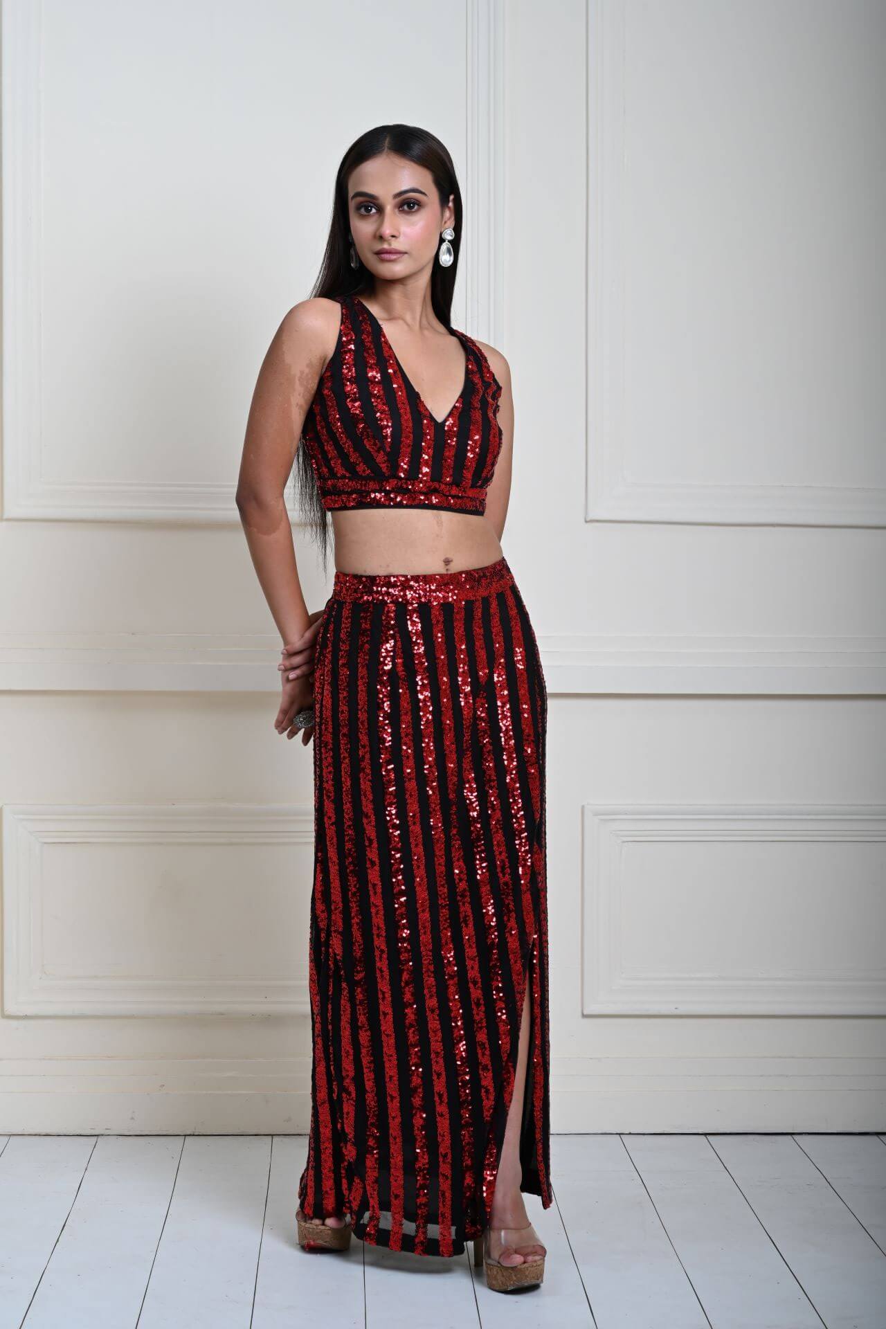 Red and Black Striped Sequin Crop Top Set with Matching Side-Slit Skirt