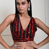 Red and Black Striped Sequin Crop Top Set with Matching Side-Slit Skirt