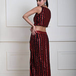 Red and Black Striped Sequin Crop Top Set with Matching Side-Slit Skirt