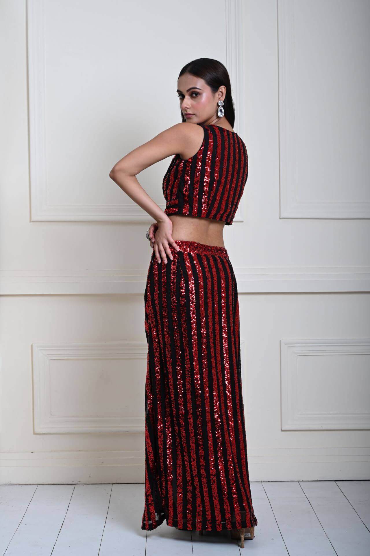 Red and Black Striped Sequin Crop Top Set with Matching Side-Slit Skirt