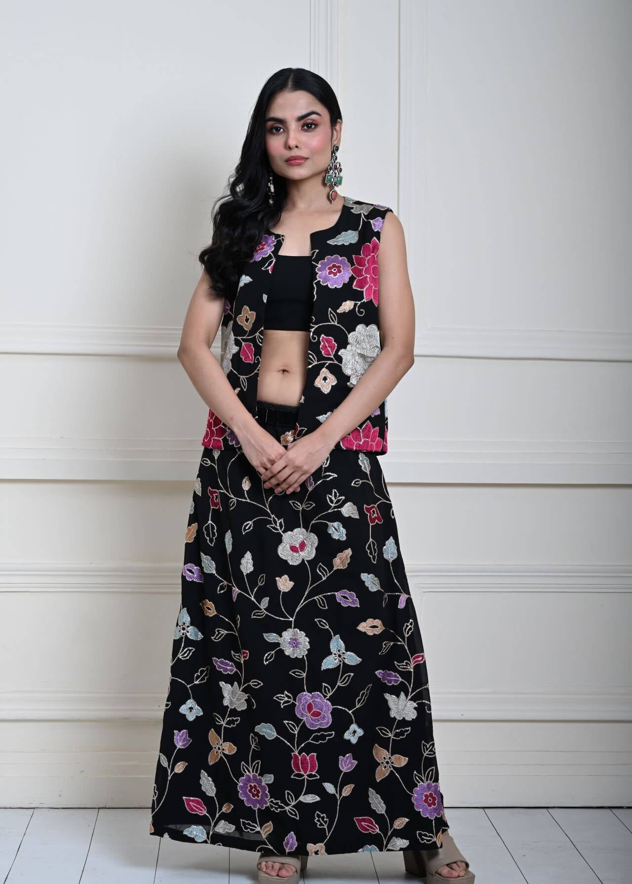 Black Jacket Lehenga Set with Multicolored Floral Embroidery