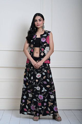 Black Jacket Lehenga Set with Multicolored Floral Embroidery