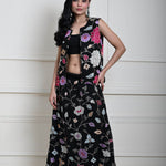 Black Jacket Lehenga Set with Multicolored Floral Embroidery