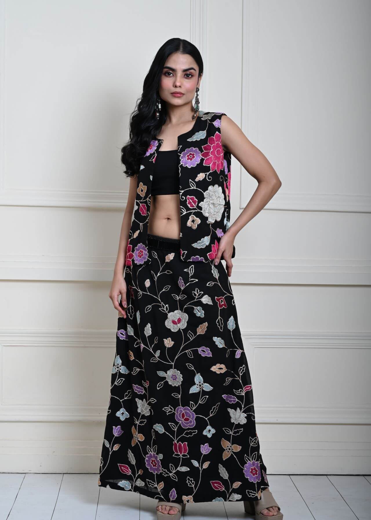 Black Jacket Lehenga Set with Multicolored Floral Embroidery