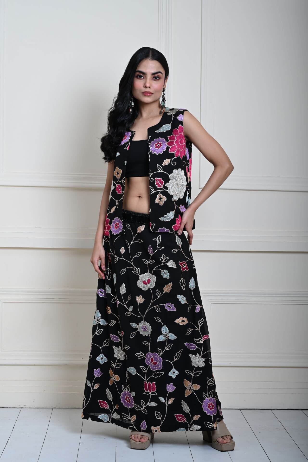 Black Jacket Lehenga Set with Multicolored Floral Embroidery