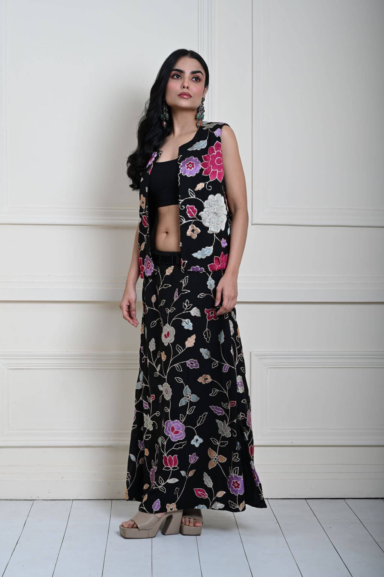 Black Jacket Lehenga Set with Multicolored Floral Embroidery