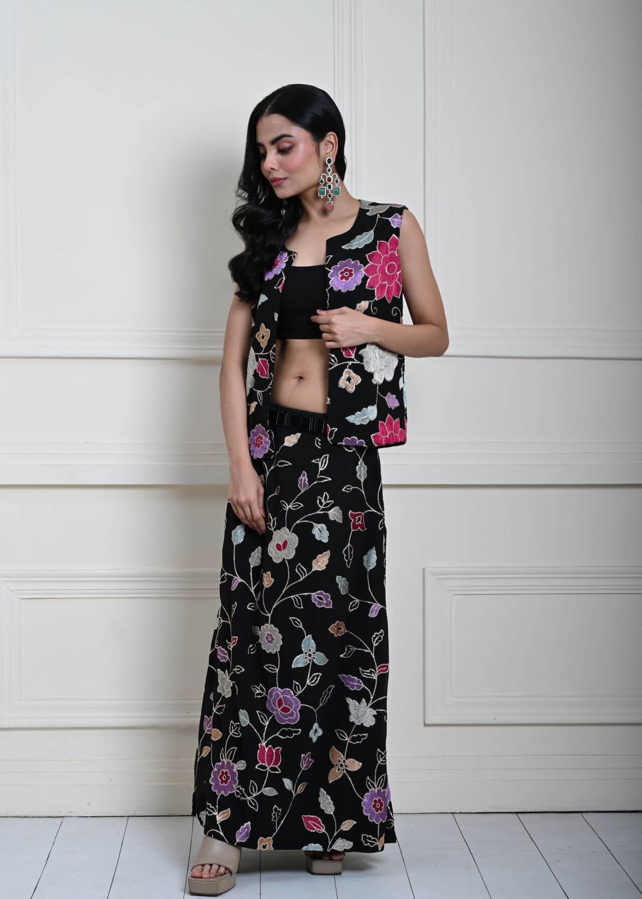 Black Jacket Lehenga Set with Multicolored Floral Embroidery