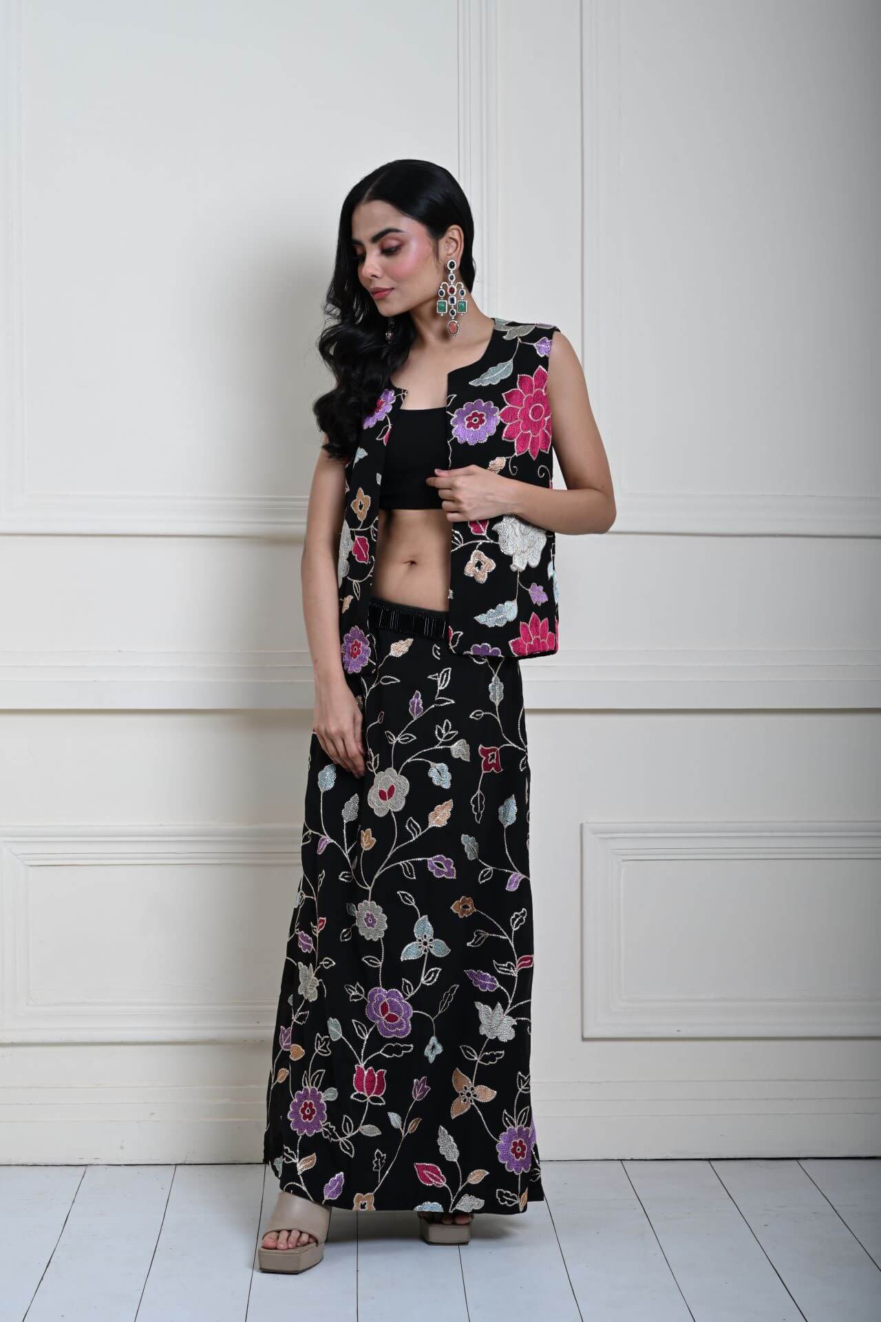 Black Jacket Lehenga Set with Multicolored Floral Embroidery