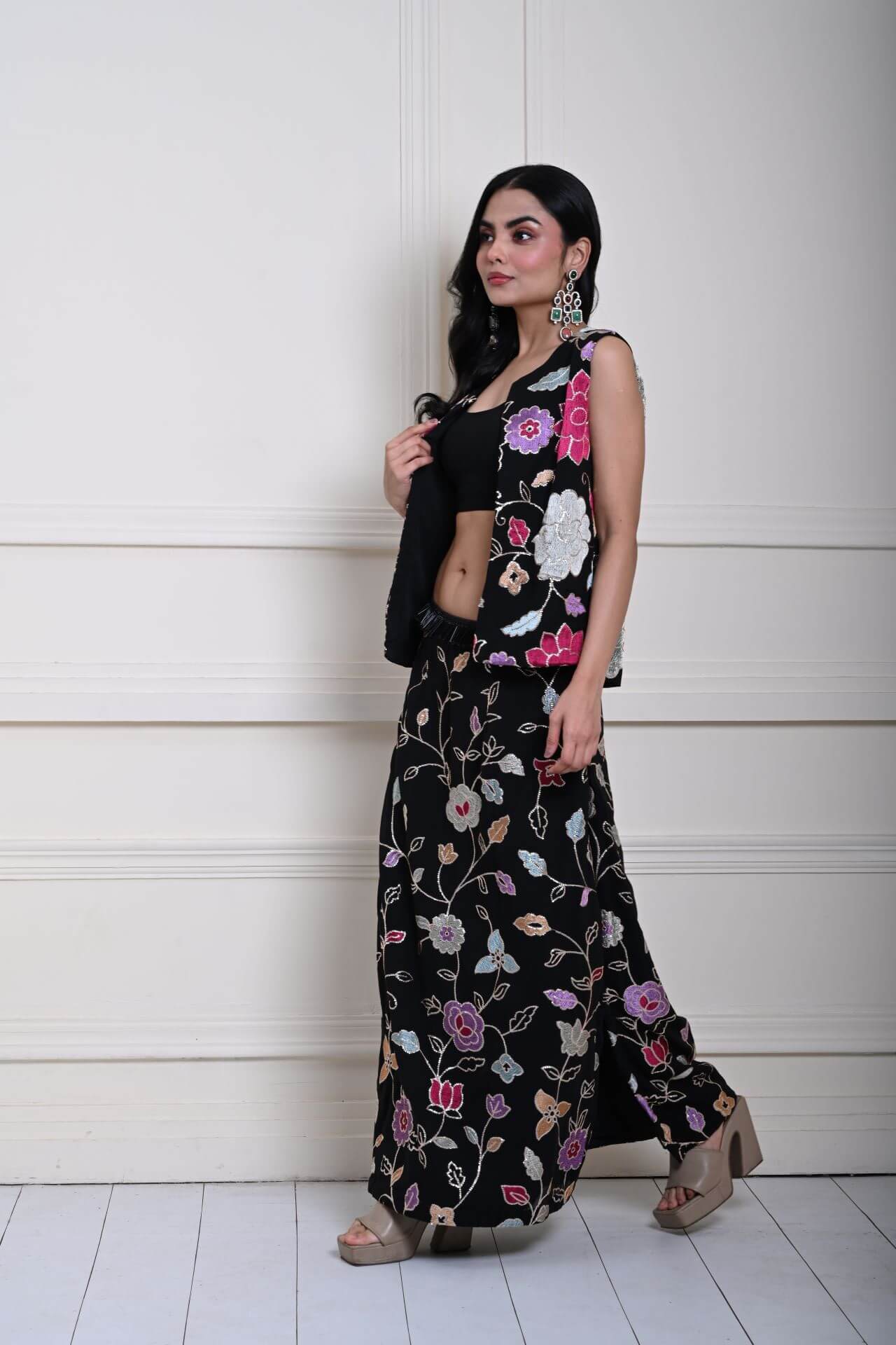 Black Jacket Lehenga Set with Multicolored Floral Embroidery