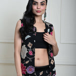 Black Jacket Lehenga Set with Multicolored Floral Embroidery