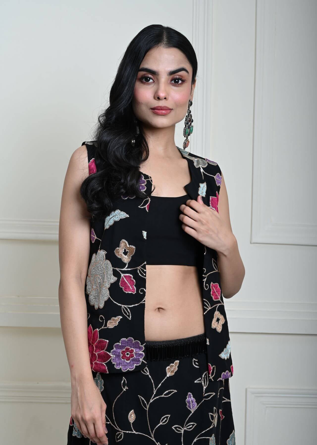 Black Jacket Lehenga Set with Multicolored Floral Embroidery