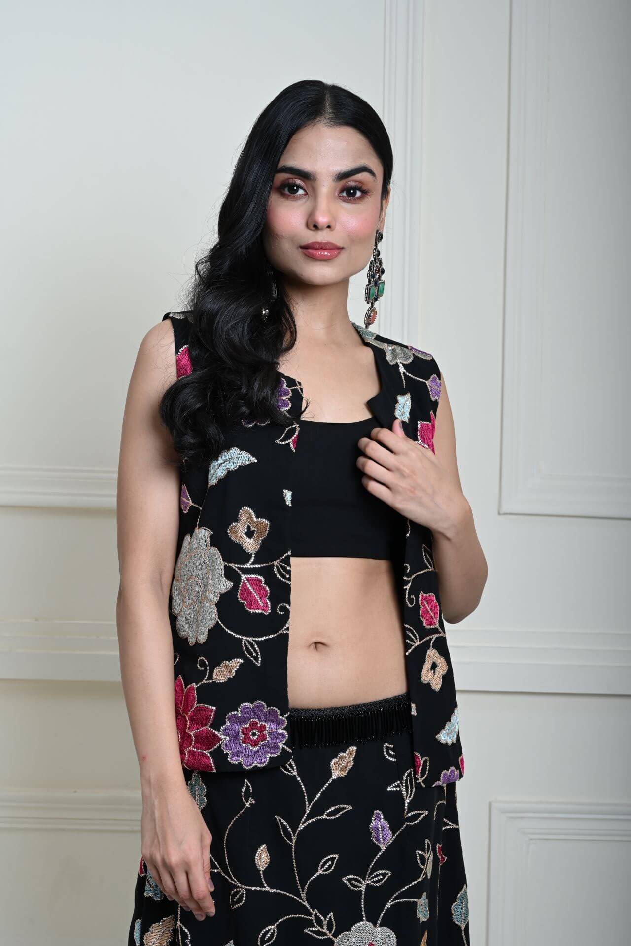 Black Jacket Lehenga Set with Multicolored Floral Embroidery