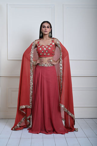 Rusty Orange Lehenga Set with Gold Sequin and Cut dana Work