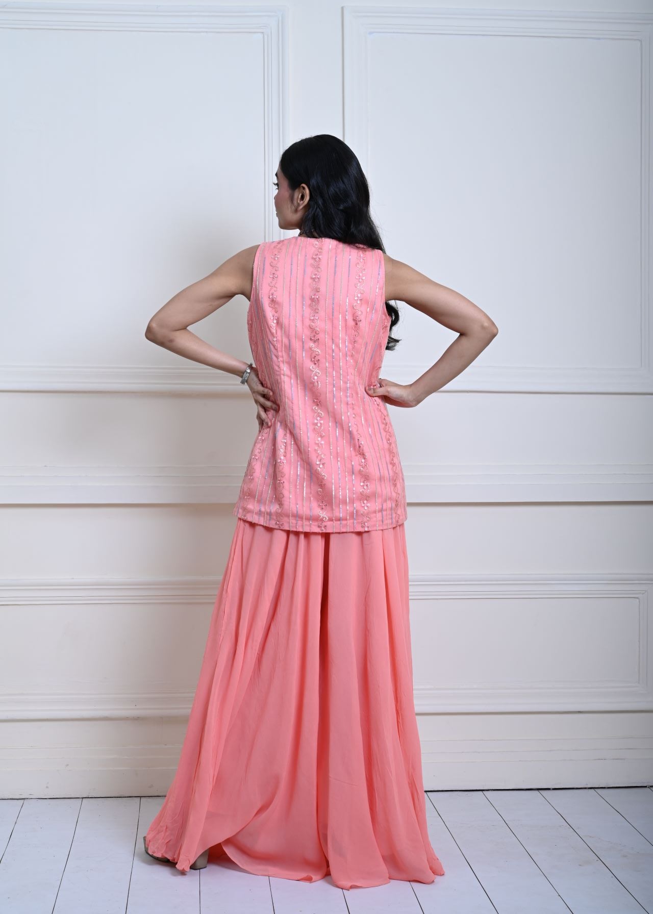 Peach Crop Top and Sharara Pant Set with Sequin Work Jacket