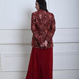 Maroon Velvet Embroidered Jacket with Drape Skirt 