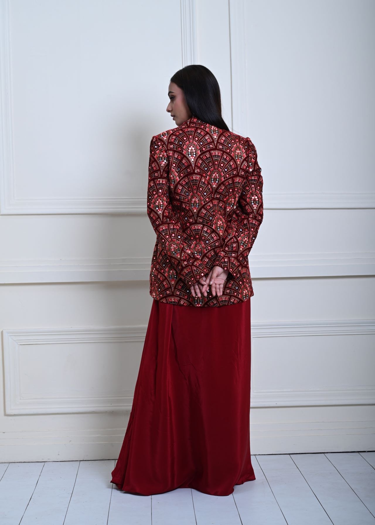 Maroon Velvet Embroidered Jacket with Drape Skirt 