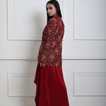 Maroon Velvet Embroidered Jacket with Drape Skirt 