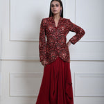 Maroon Velvet Embroidered Jacket with Drape Skirt 