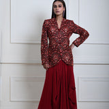 Maroon Velvet Embroidered Jacket with Drape Skirt 