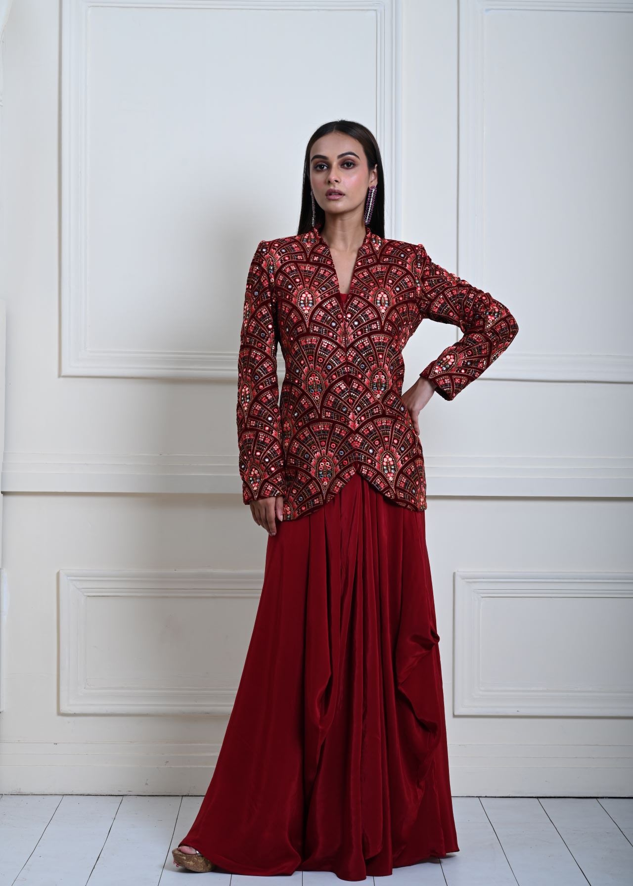 Maroon Velvet Embroidered Jacket with Drape Skirt 