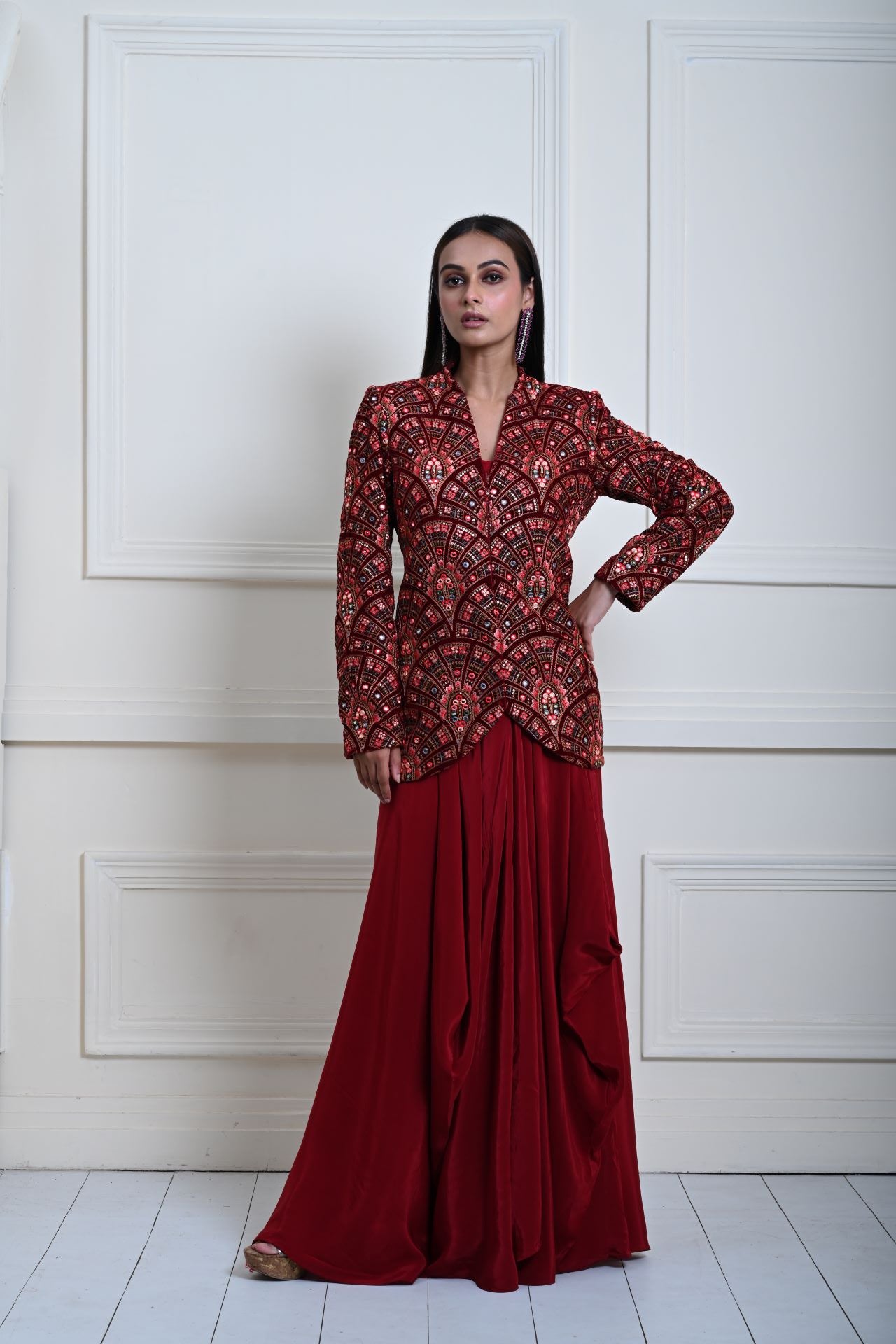 Maroon Velvet Embroidered Jacket with Drape Skirt 