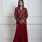 Maroon Velvet Embroidered Jacket with Drape Skirt 