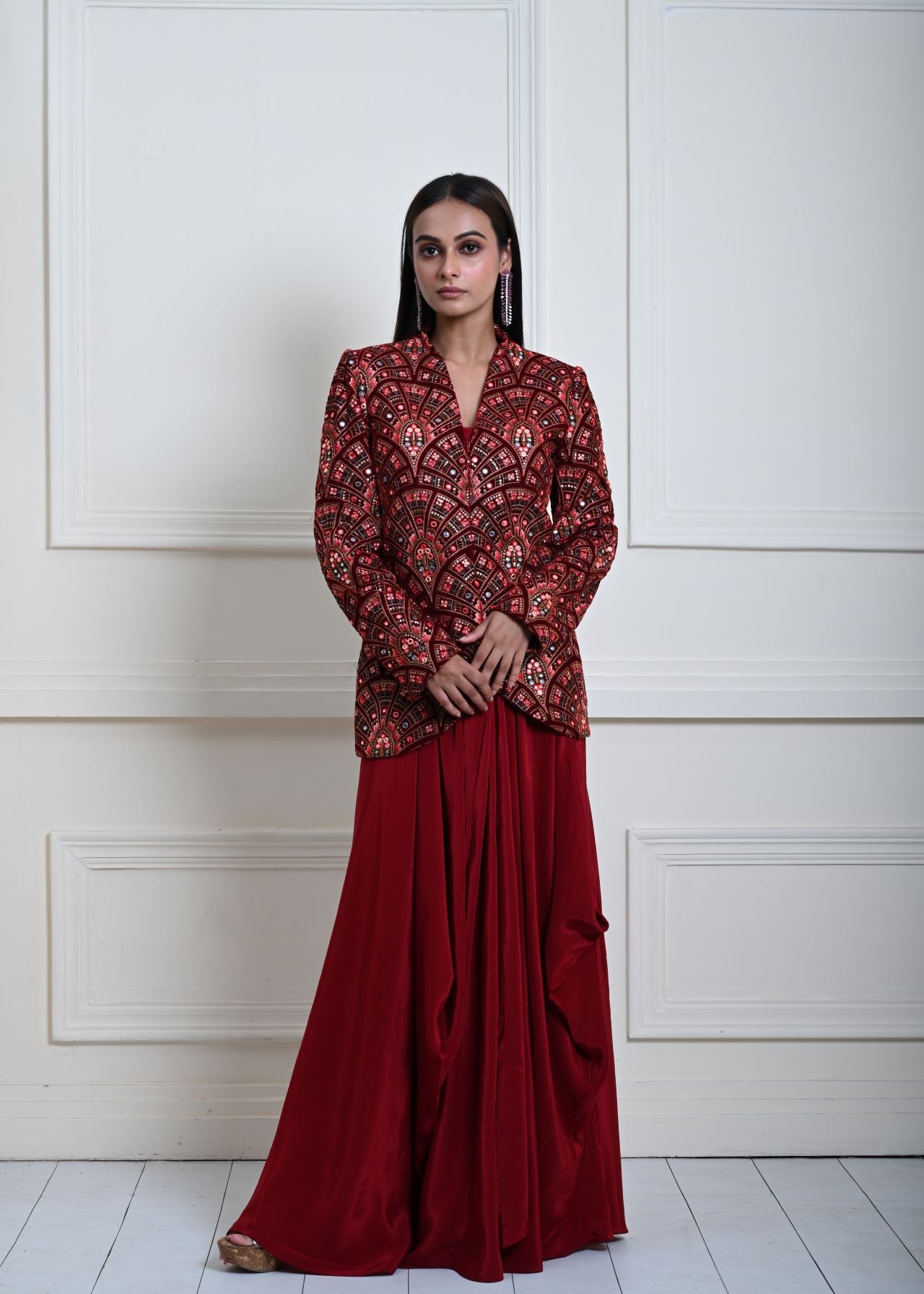 Maroon Velvet Embroidered Jacket with Drape Skirt 