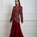 Maroon Velvet Embroidered Jacket with Drape Skirt 