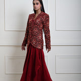 Maroon Velvet Embroidered Jacket with Drape Skirt 