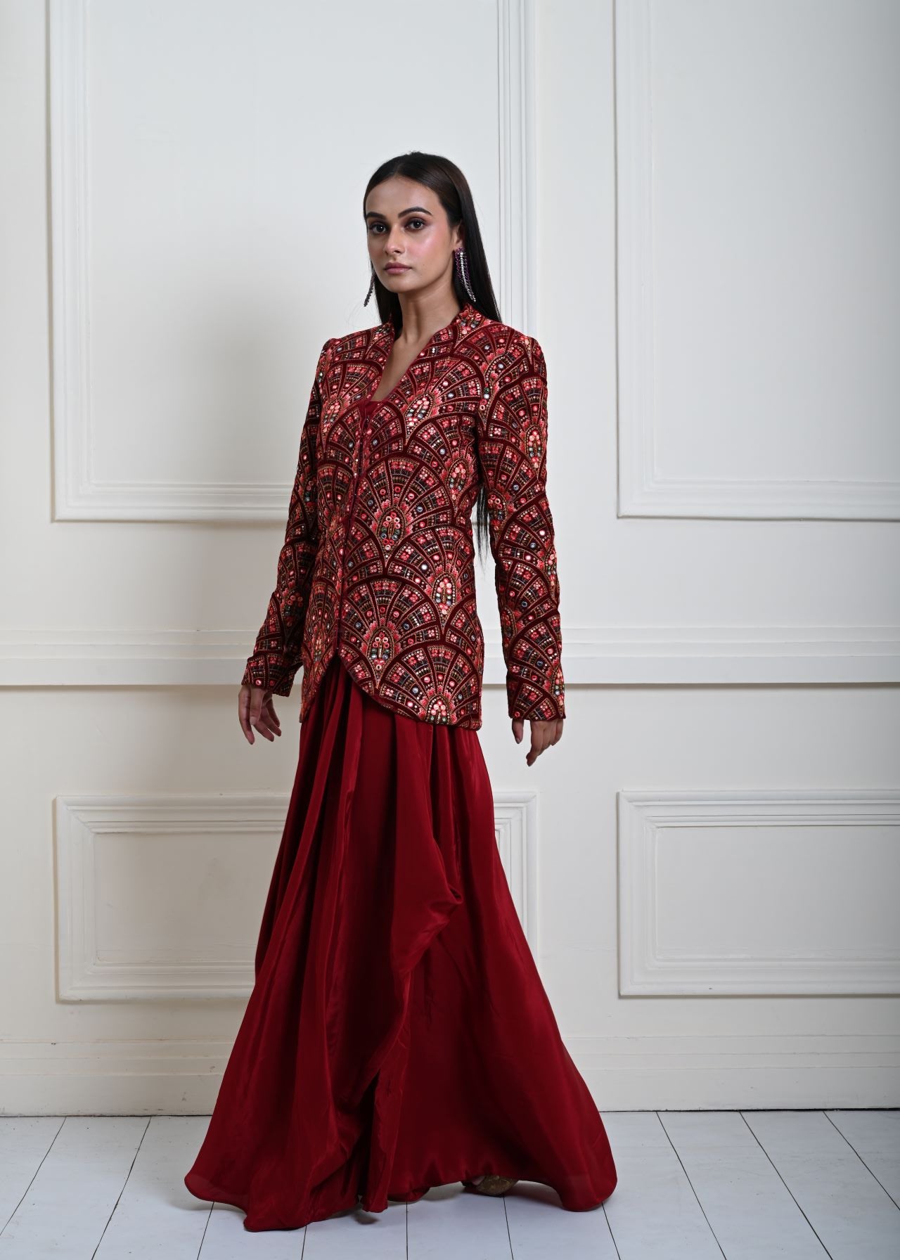 Maroon Velvet Embroidered Jacket with Drape Skirt 