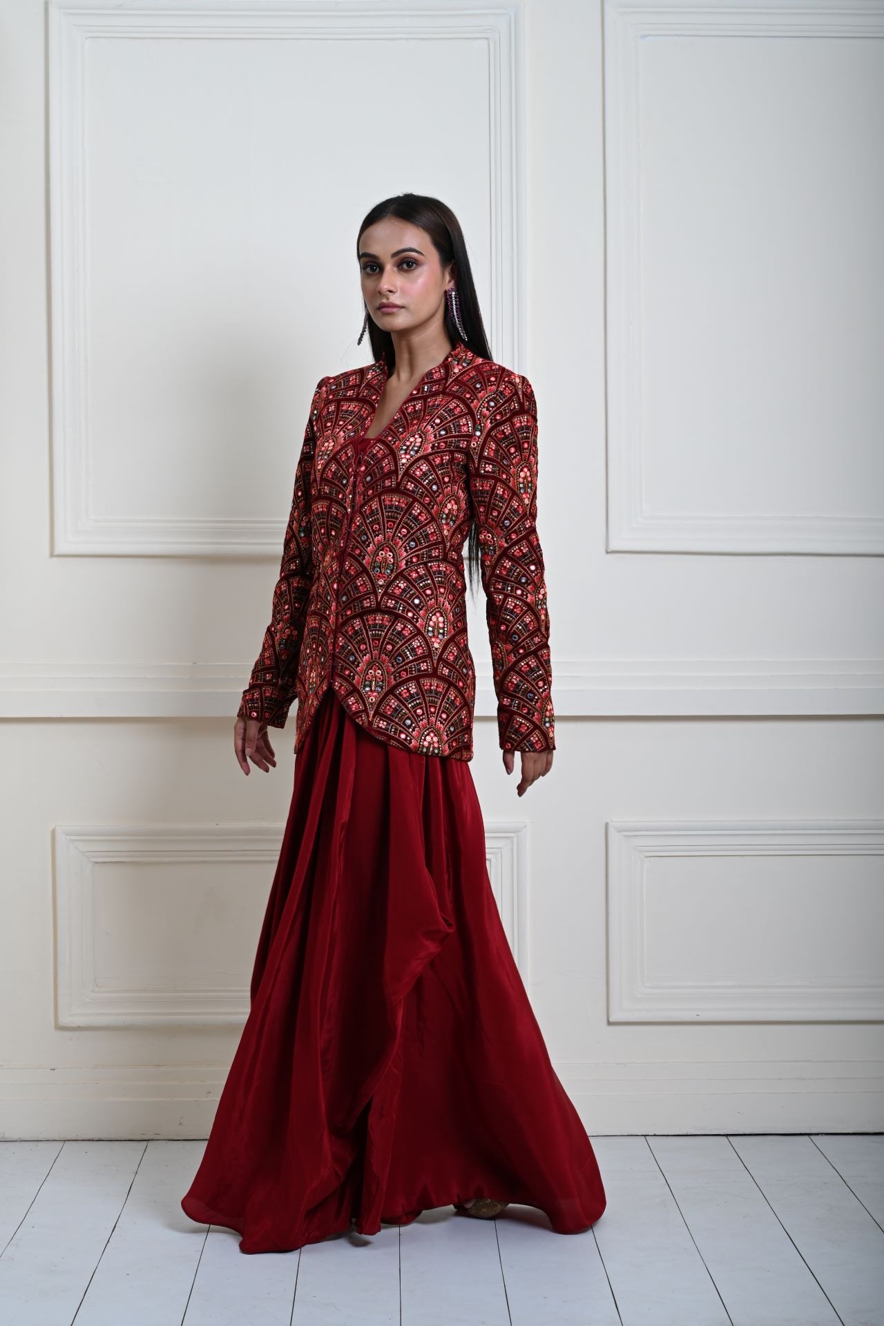 Maroon Velvet Embroidered Jacket with Drape Skirt 