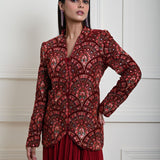 Maroon Velvet Embroidered Jacket with Drape Skirt 