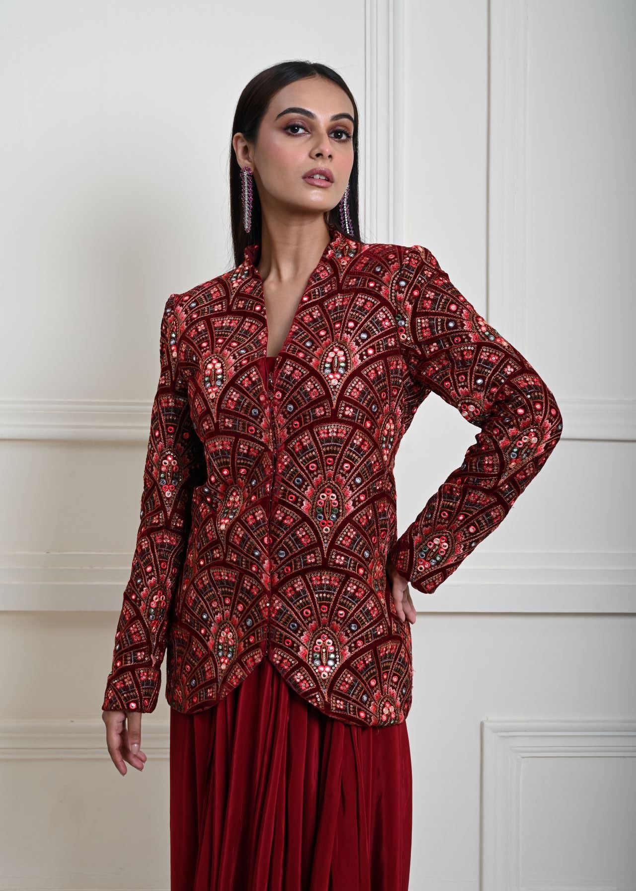 Maroon Velvet Embroidered Jacket with Drape Skirt 