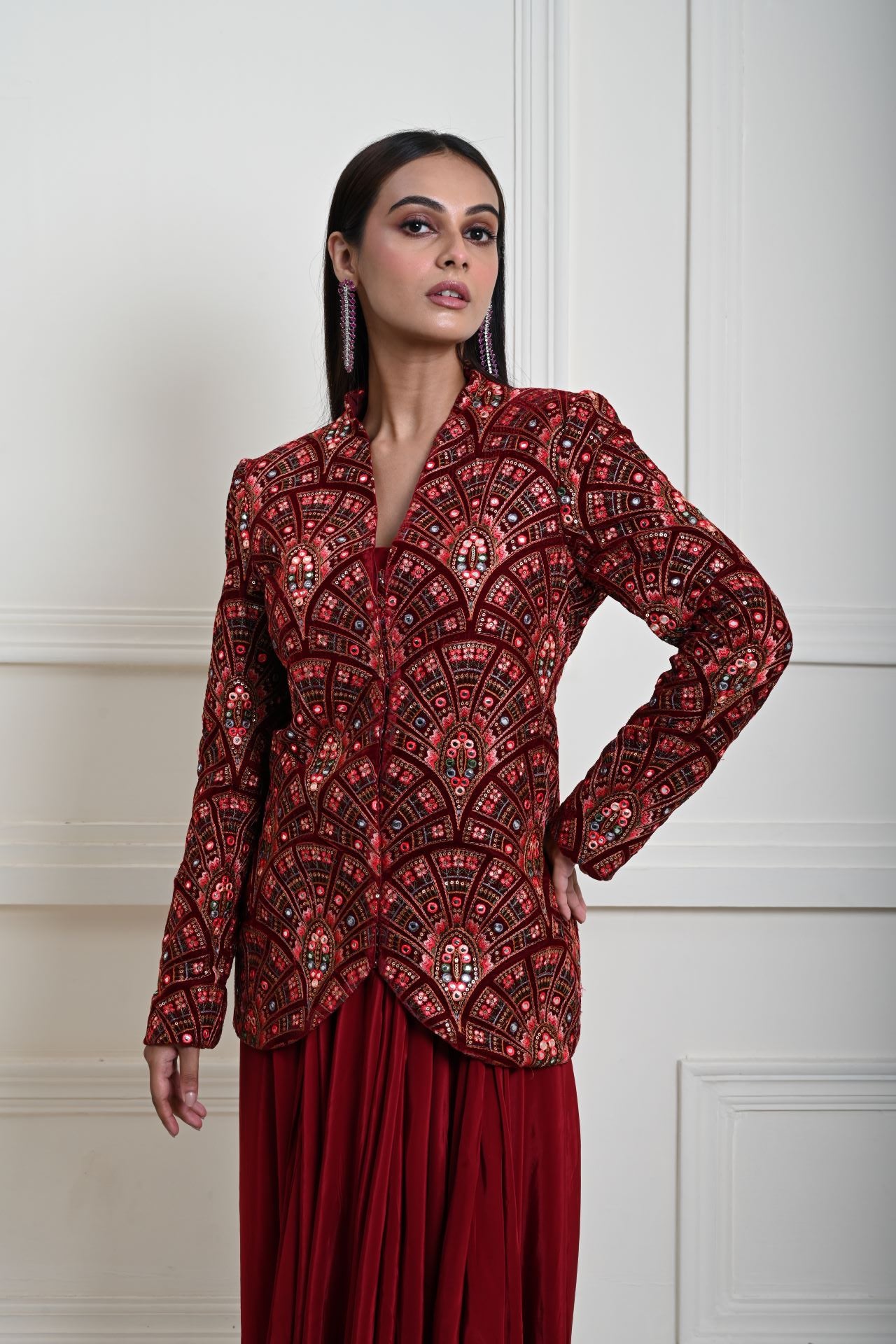 Maroon Velvet Embroidered Jacket with Drape Skirt 