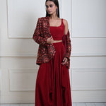 Maroon Velvet Embroidered Jacket with Drape Skirt 