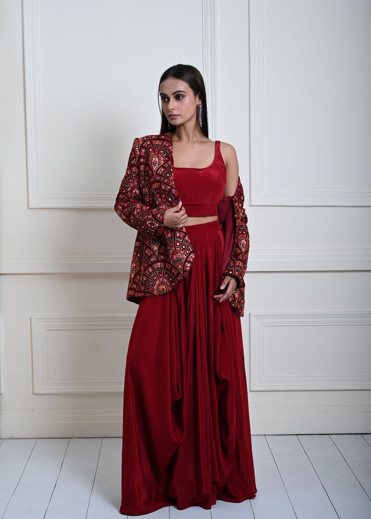 Maroon Velvet Embroidered Jacket with Drape Skirt 