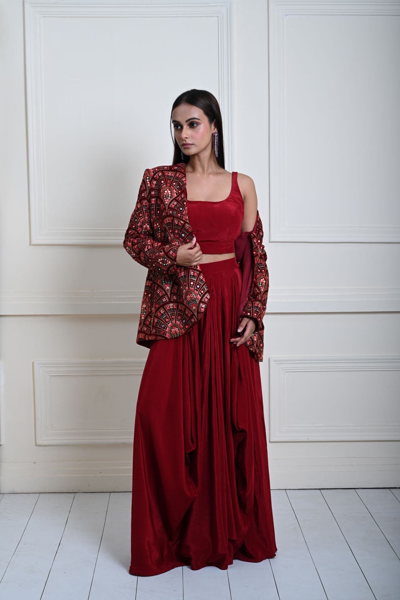 Maroon Velvet Embroidered Jacket with Drape Skirt 