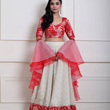 Red and White Festive Lehenga Set in Silk Tissue with Ruffle Dupatta