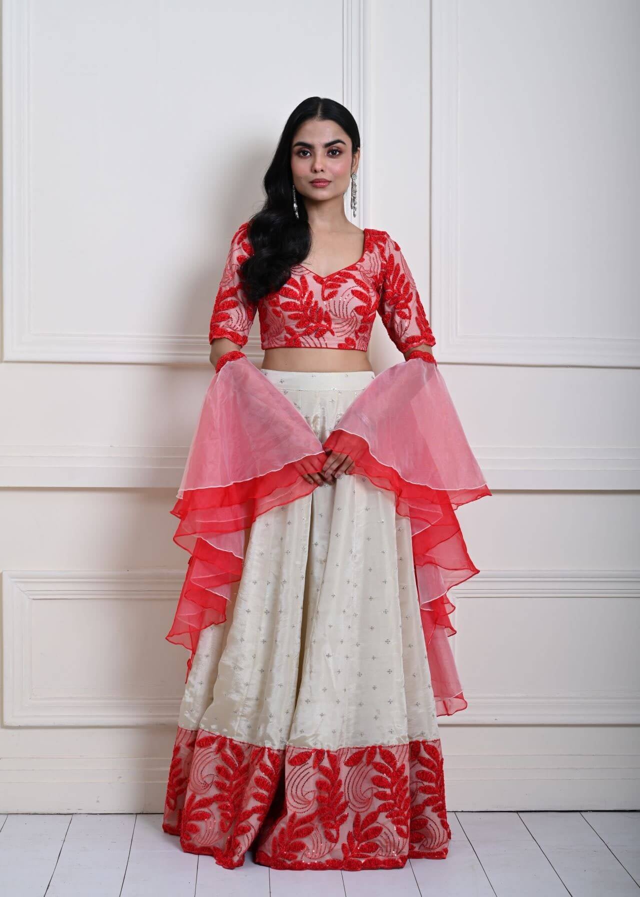 Red and White Festive Lehenga Set in Silk Tissue with Ruffle Dupatta