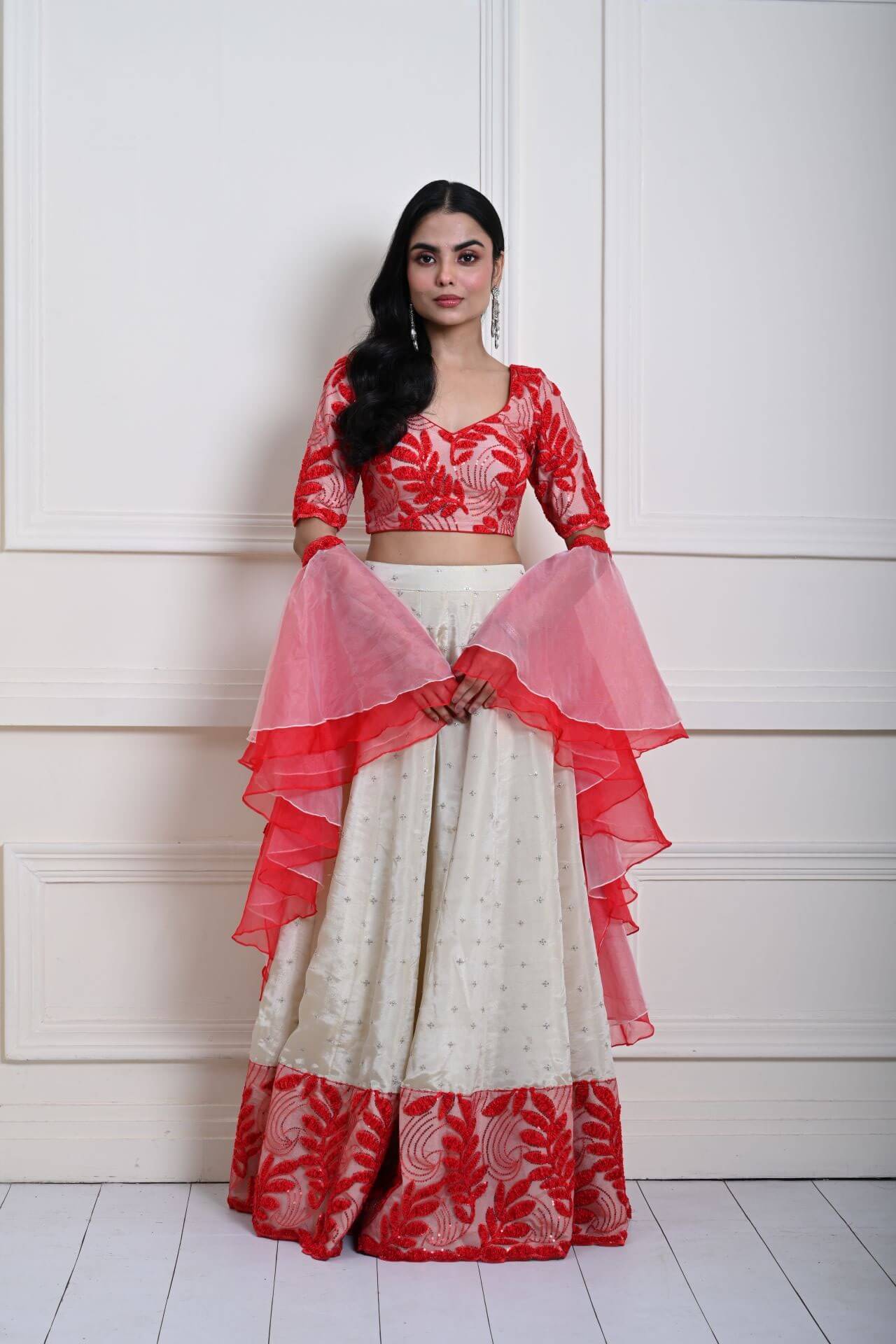 Red and White Festive Lehenga Set in Silk Tissue with Ruffle Dupatta