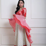 Red and White Festive Lehenga Set in Silk Tissue with Ruffle Dupatta