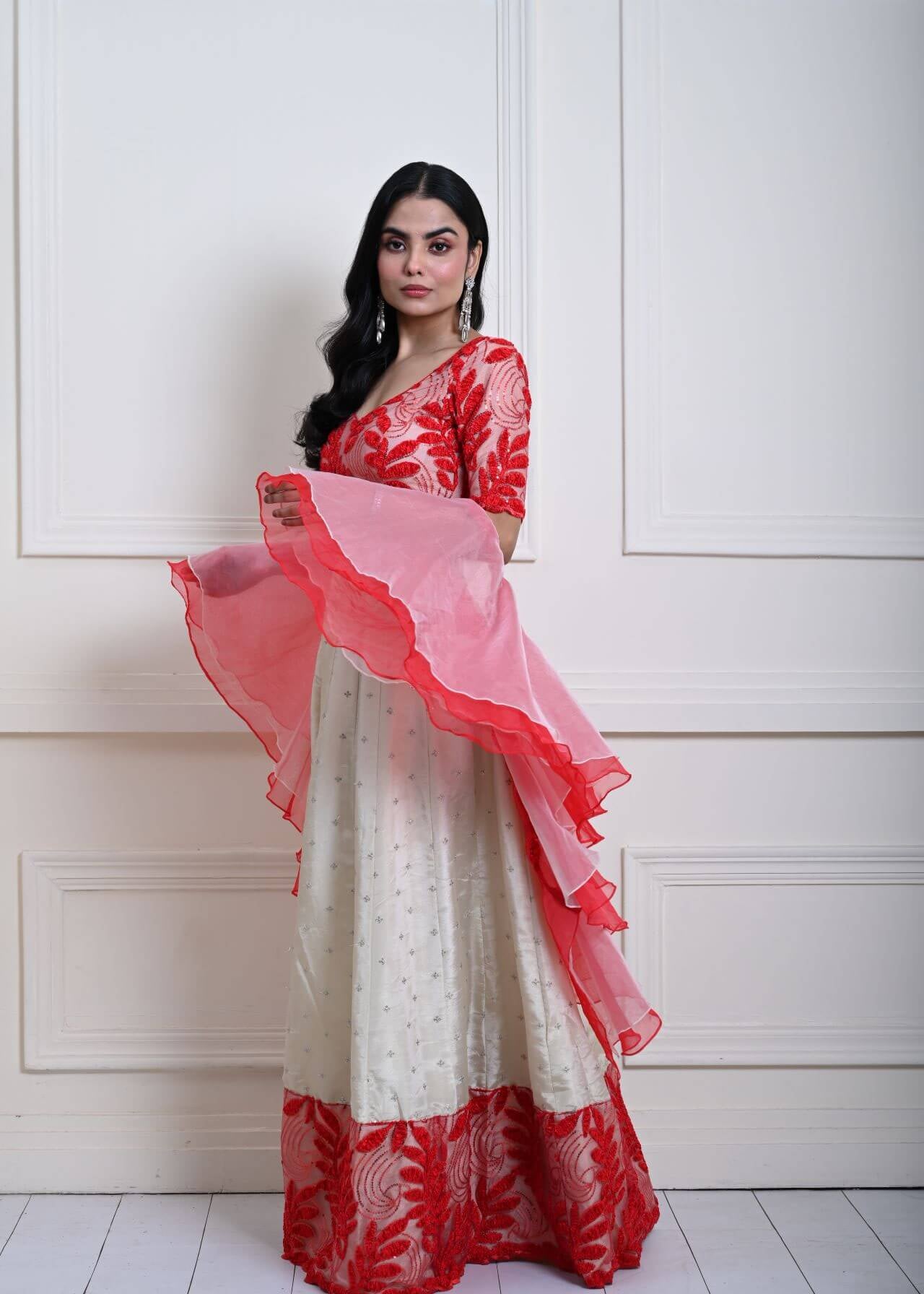 Red and White Festive Lehenga Set in Silk Tissue with Ruffle Dupatta