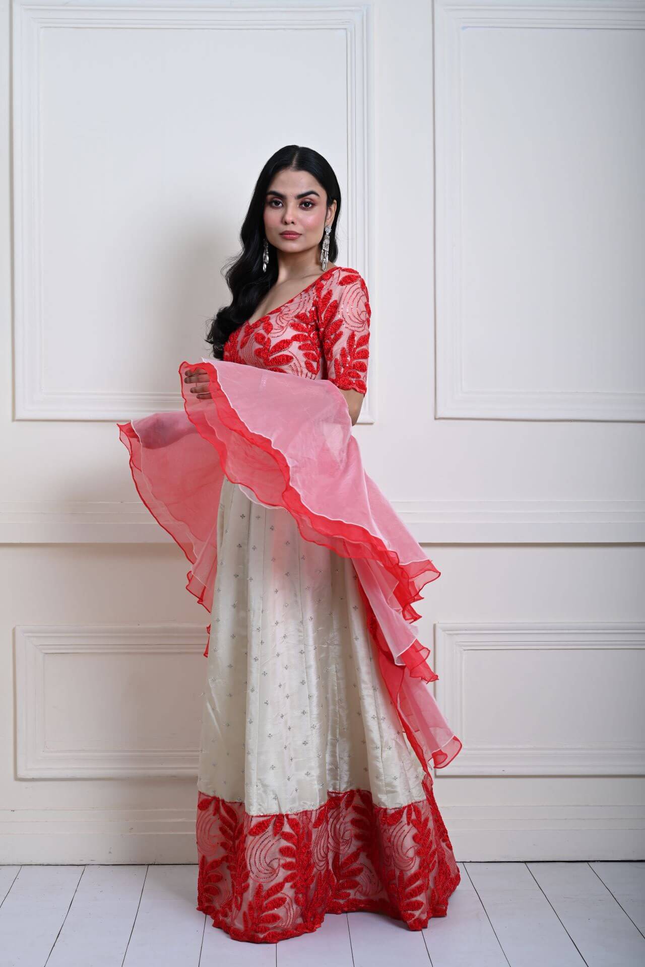 Red and White Festive Lehenga Set in Silk Tissue with Ruffle Dupatta