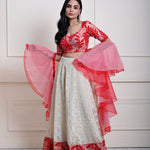 Red and White Festive Lehenga Set in Silk Tissue with Ruffle Dupatta