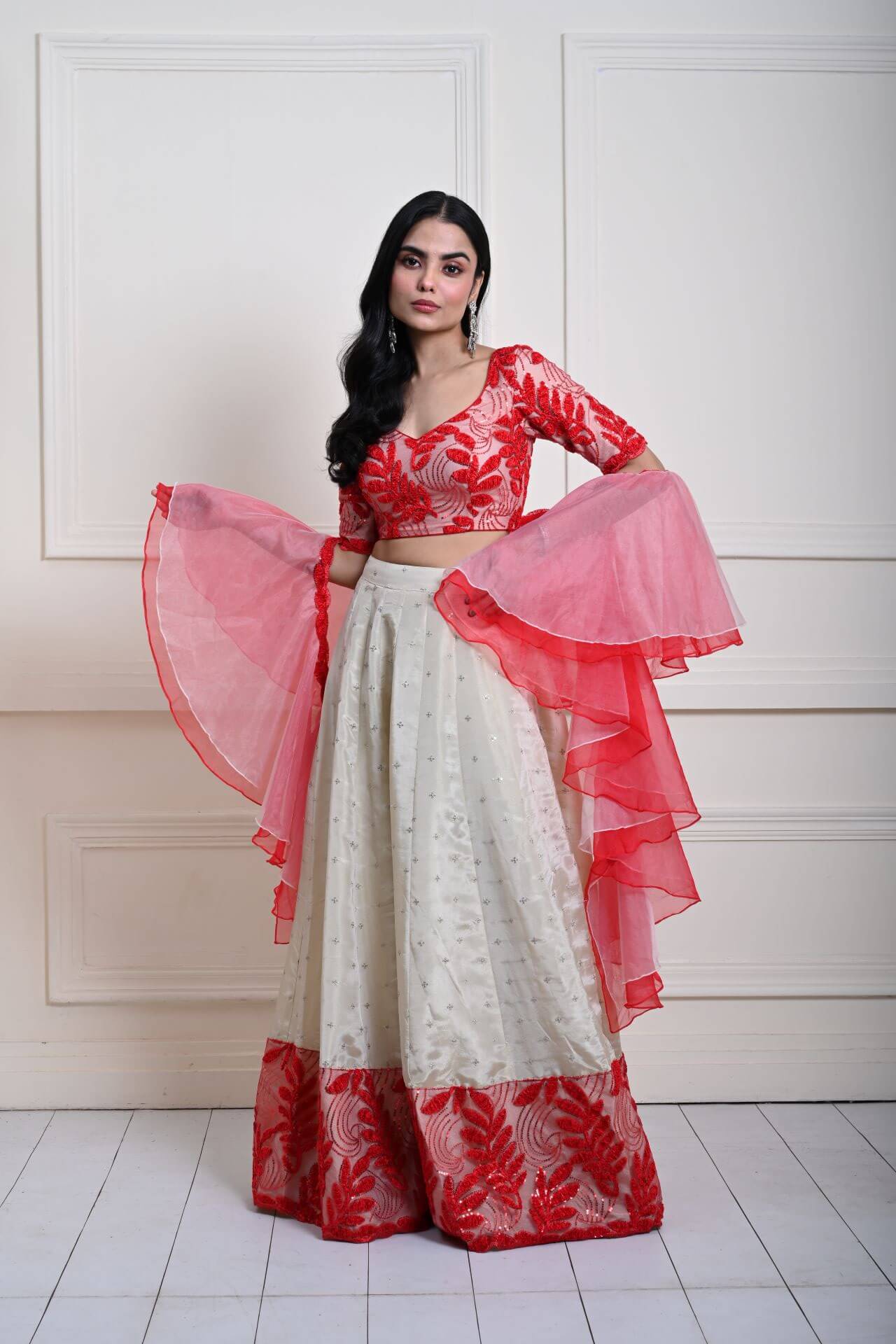 Red and White Festive Lehenga Set in Silk Tissue with Ruffle Dupatta