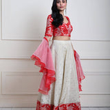 Red and White Festive Lehenga Set in Silk Tissue with Ruffle Dupatta