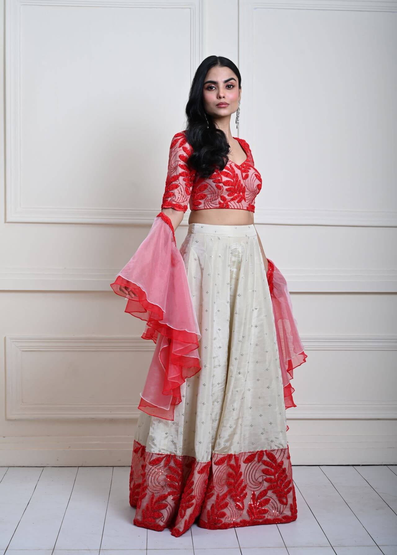 Red and White Festive Lehenga Set in Silk Tissue with Ruffle Dupatta