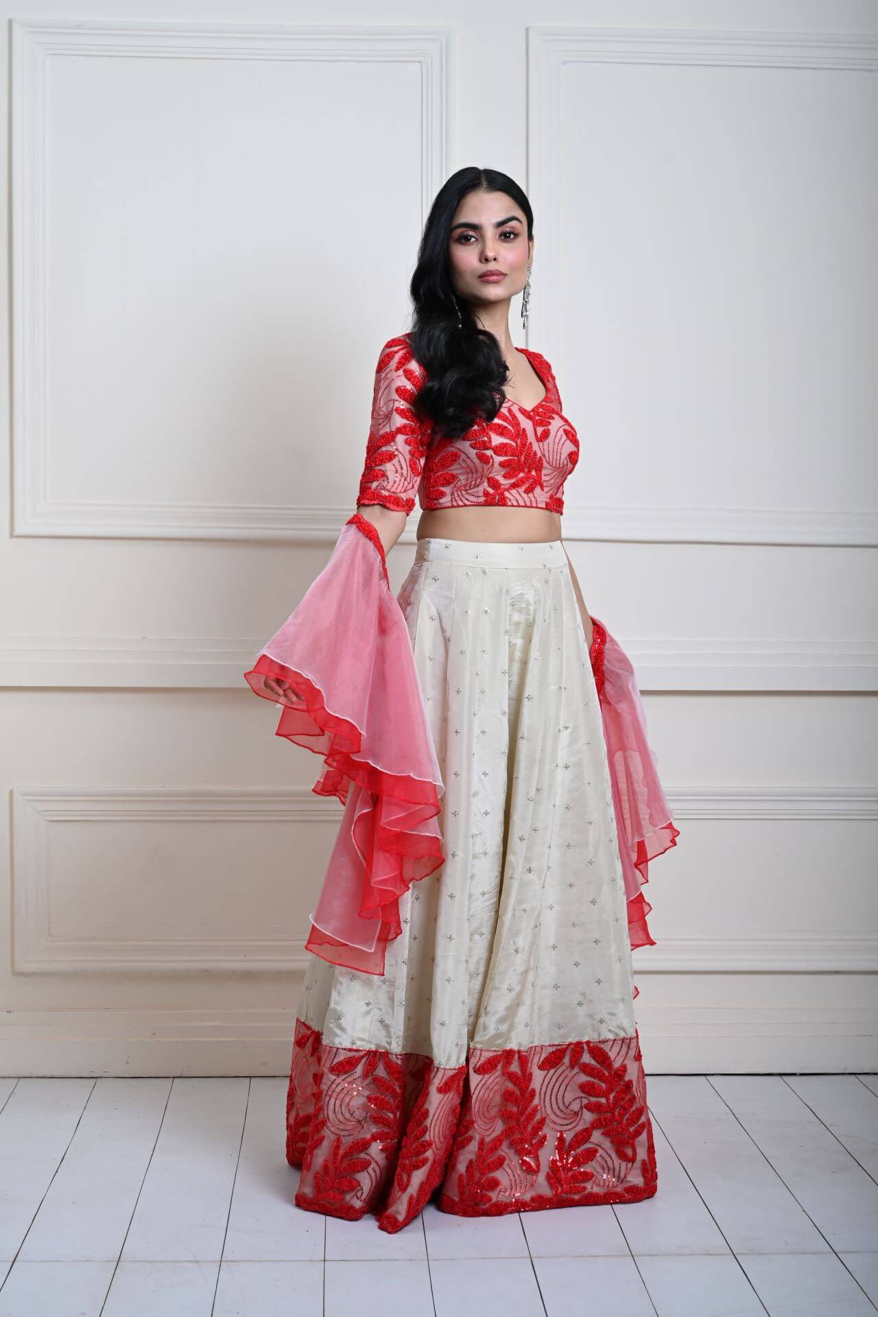 Red and White Festive Lehenga Set in Silk Tissue with Ruffle Dupatta